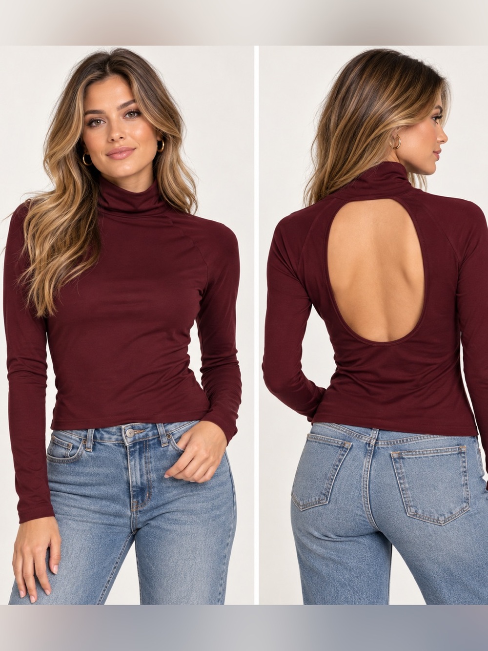 Free People Intimately XS/S Burgundy Open Back Turtleneck Long Sleeve Top